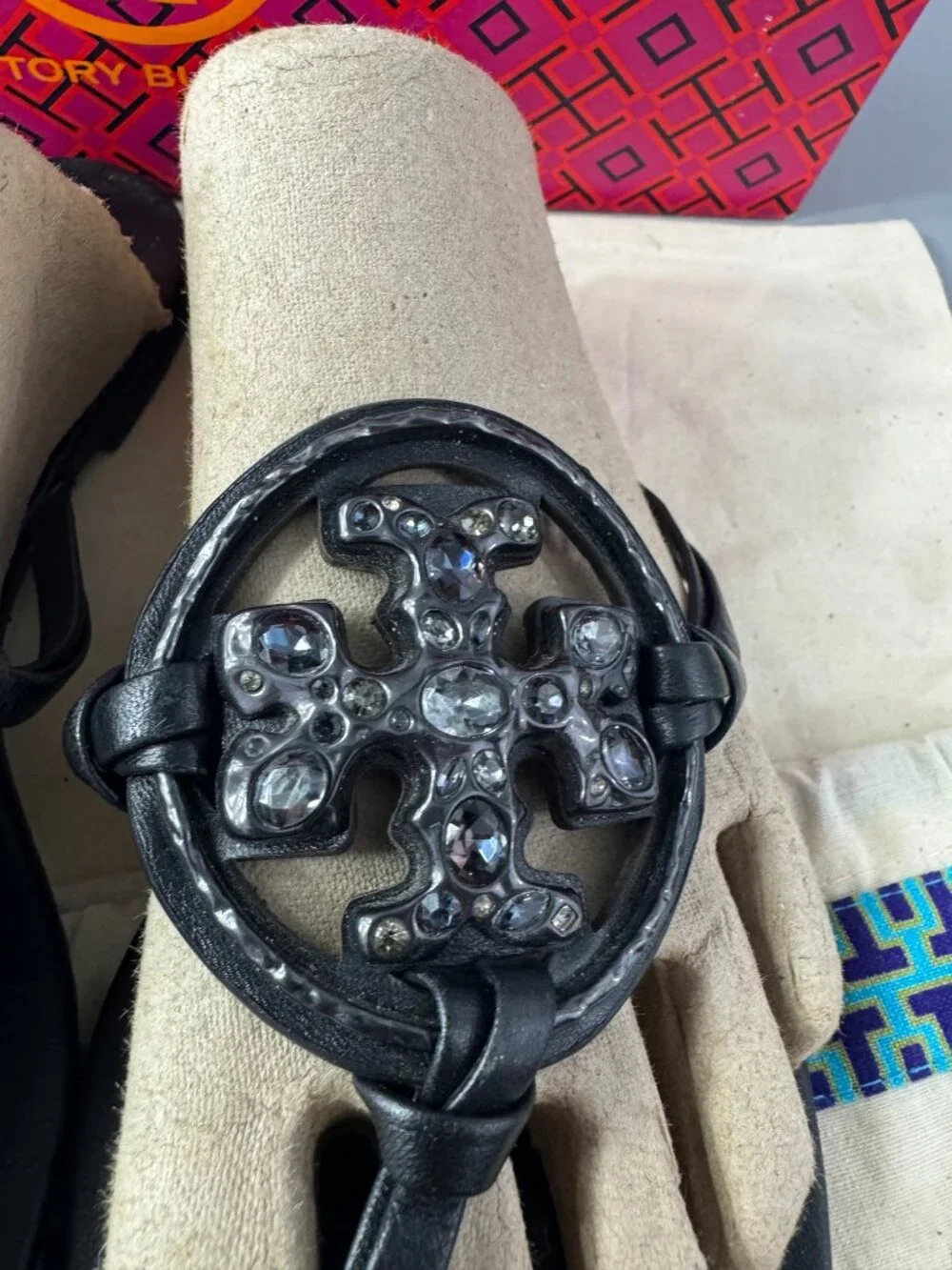 Tory Burch Embellished Crystal Miller Black Leather Sandal, Size 8
